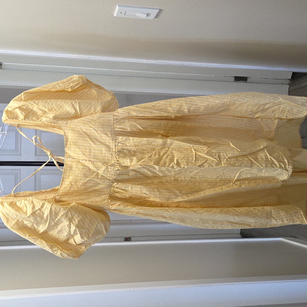 Jillian Harris x Joe Fresh Yellow Pinstripe Milkmaid Dress | Cotton Linen Blend - Picture 2 of 8